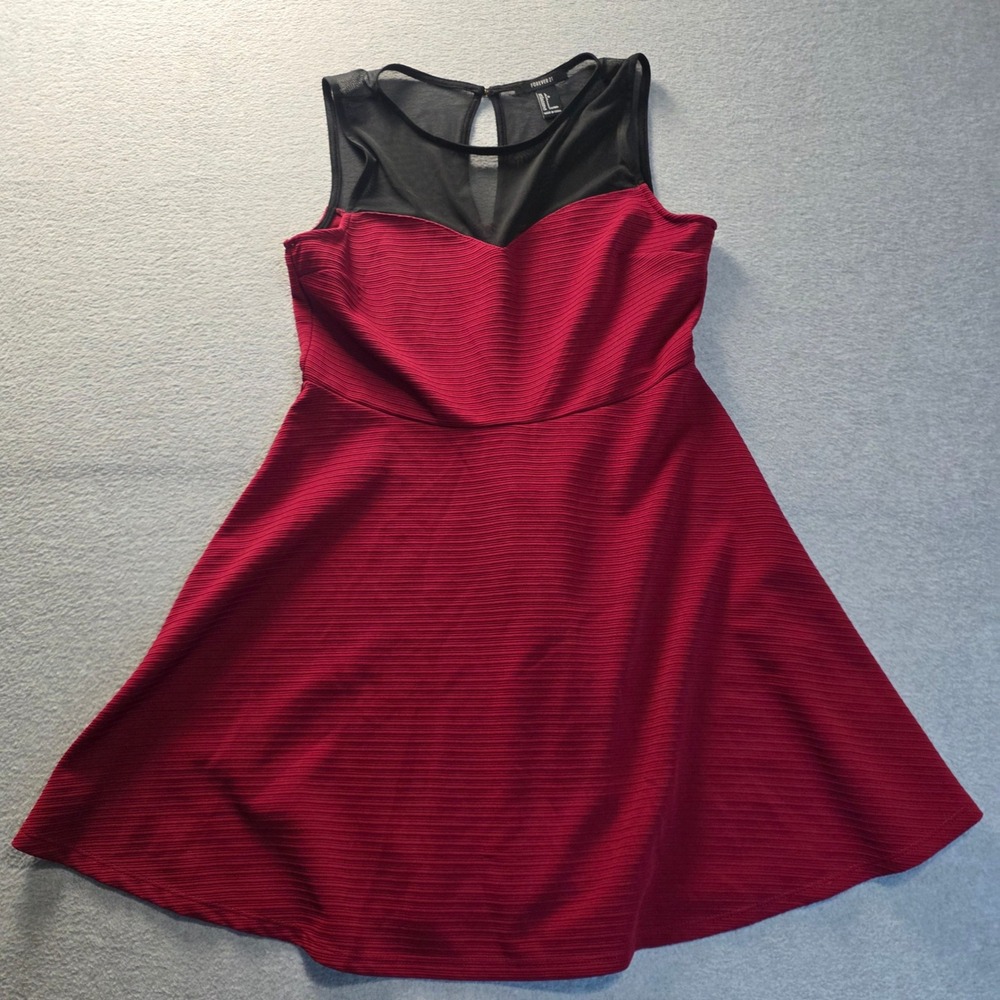 Forever 21 Fit Flare Dress Womens L Red Black Mesh Illusion Sweetheart Skater